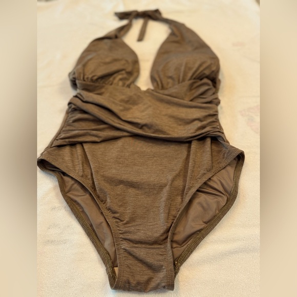 La Blanca Tan One Piece Swimsuit with Ruched Halter Design - Picture 4 of 5